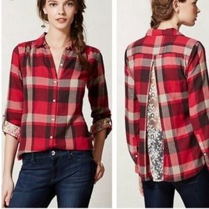 Anthropologie plaid button-up shirt w/ lace detail